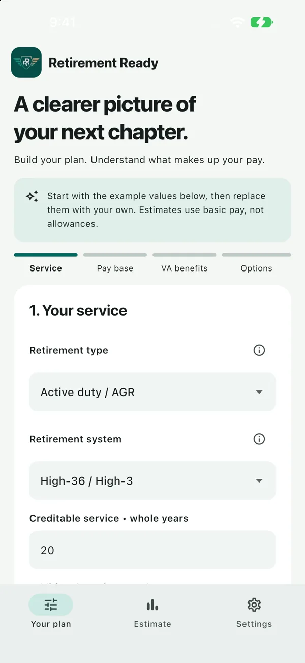 Retirement Ready service and retirement plan inputs
